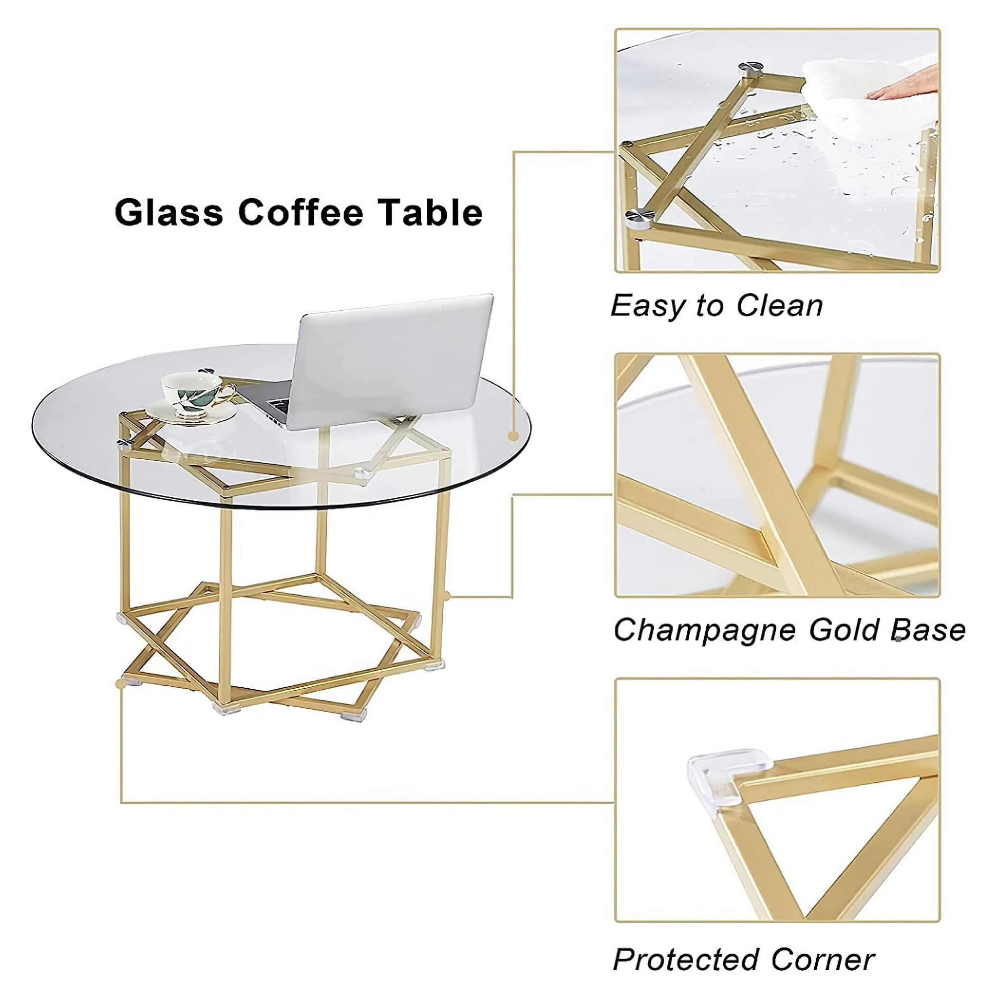 Round Glass Coffee Table, 80 cm Modern Clear Glass Table with Waterproof Tempered Glass, Gold Metal Frame for Home, Living Room, Bedroom - Ruke-CoffeeTable-FWS Round Glass Coffee Table, 80 cm Modern Clear Glass Table with Waterproof Tempered Glass, Gold Metal Frame for Home, Living Room, Bedroom - Ruke-CoffeeTable-FWS